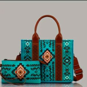 Blue & Brown Western Bohemian Tote Purse/wallet bundle